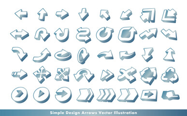 シンプルでクールな立体の矢印・方向指示記号のアローベクターアイコンイメージセット_シルバー・グラデーション・金属質