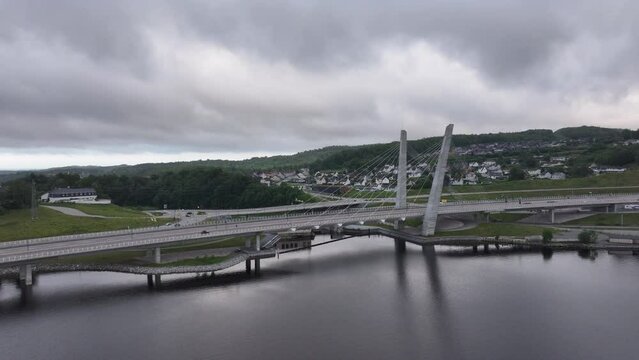 Farrisbrua Bridge Against Overcast Sky In Larvik, Norway - drone shot