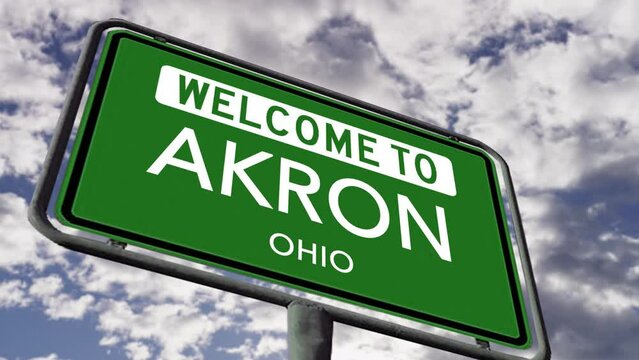 Welcome to Akron, Ohio. USA City Road Sign Close Up, Realistic 3D Animation