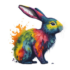 Watercolor Rabbit On A Transparent Or White Background. Abstract Portrait Splash Colorful Bunny Rabbit