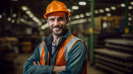 Cheerful young worker in hardhat and uniform. Trade workers concept. 
