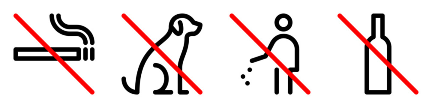 No smoking, dogs, trash, alcohol line icons