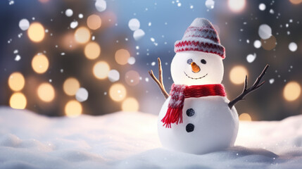 Snowman dressed with red scarf and hat in the snow outside announcing christmas under the snow. Front view. Generated ai