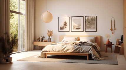 Obraz premium Japandi bedroom, featuring a tasteful piece of artwork, soft and warm lighting, and furniture made from natural materials like wood, linen, and cotton.generative ai