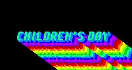 Children's Day. 4k animated word with long layered multicolored shadow with the colors of a rainbow on black background. - Powered by Adobe