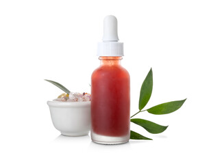 Bottle of cosmetic oil with plant twig and bowl of sea salt on white background