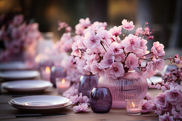 Elegant table setting with beautyful flowers and candles in restaurant. Selective focus.