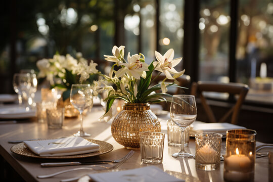 Elegant table setting with beautyful flowers and candles in restaurant. Selective focus.
