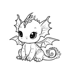Hand drawing character animal cute dragon outline black and white cartoon sketch happy coloring page and coloring books
