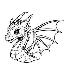 Hand drawing character animal cute dragon outline black and white cartoon sketch happy coloring page and coloring books