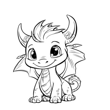 Hand drawing character animal cute dragon outline black and white cartoon sketch happy coloring page and coloring books