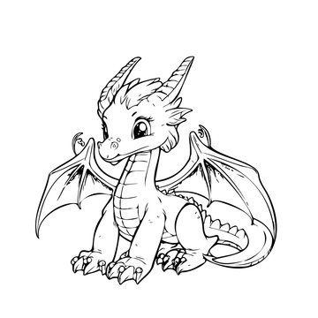 Hand drawing character animal cute dragon outline black and white cartoon sketch happy coloring page and coloring books