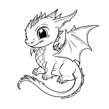 Hand Drawing Print Education Art Character Animal Cute Dragon Outline Black And White Toy Cartoon Sketch Happy Coloring Page And Coloring Books