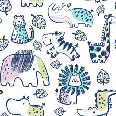 Summer animals tropical seamless pattern. Hand drawn african . Beach vacation background design, savannah textile print. - 627543705