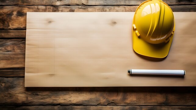 Building Foundations: Hard Hat and Construction Plans on Wooden Board