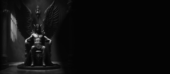 Fototapeta na wymiar An angel seated on a throne in a Gothic hall. Panoramic view, dark background