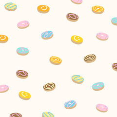 Illustration of donuts  for wallpaper, sweet dessert background, backdrop, fabric print, pattern, menu, recipe, cafe, recipe, restaurant, paper, bakery, pastry, baking book cover, apron design, picnic