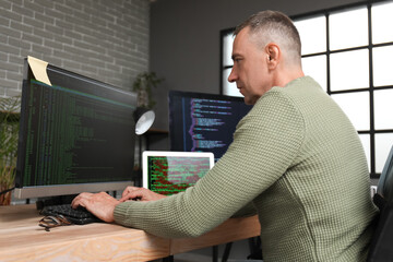 Fototapeta na wymiar Mature male programmer working in office