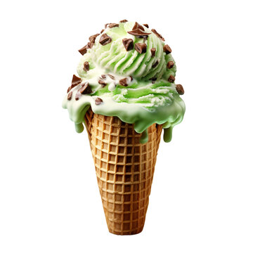 A detailed of cone of mint chocolate chip ice cream isolated on a transparent background.