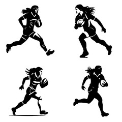 Simple 2d black silhouette rugby female player, black accents, flat, sharper, white background, vector - obrazy, fototapety, plakaty