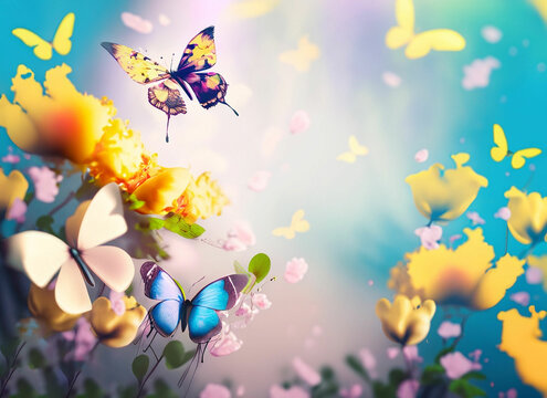 Spring background with light transparent flowers dandelion and flitting orange butterfly in pastel light tones macro with soft focus. Delicate airy elegant artistic image of nature