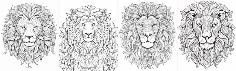 Coloring book page with lion. Simple black and white design with no fill. White background for easy coloring.