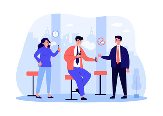 Coworkers offering man e-cigarette vector illustration. People switching from regular smoking to vape or electronic smoking to kick habit. Smoke-free country, use of e-cigarettes concept
