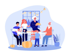 Family celebrating Thanksgiving at table vector illustration. Drawing of parents, grandparent and children having dinner together, eating turkey and pumpkin pie. Holiday, celebration, family concept