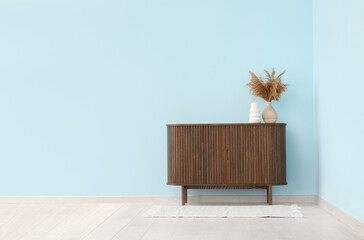 Modern chest of drawers with pampas grass near blue wall in room