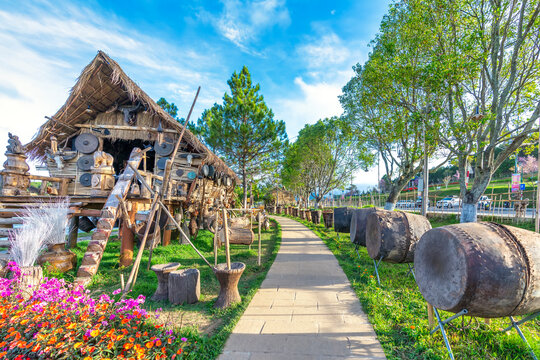 Da Lat, Vietnam - January 25th, 2023: Art decoration of ethnic minority villages and daily life tools at the Central Highlands festival taking place on Lunar New Year in Da Lat, Vietnam.