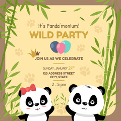 Panda Themed Party Invitation Card Vector Illustration