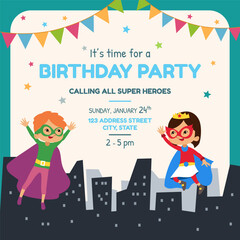 Superhero Themed Party Invitation Card Vector Illustration