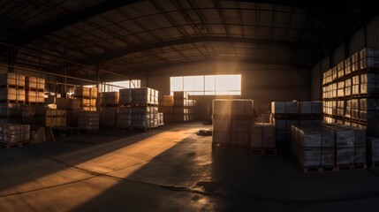 Golden Hour Warehouse: Panoramic Shot at Sunset with Long Shadows Caused by Stacks of Boxes, Basking in the Warm Glow of the Setting Sun. Generative AI