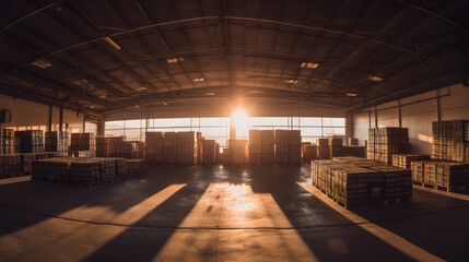 Golden Hour Warehouse: Panoramic Shot at Sunset with Long Shadows Caused by Stacks of Boxes, Basking in the Warm Glow of the Setting Sun. Generative AI