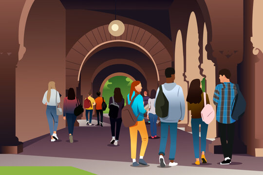 College Students in Campus Vector Illustration