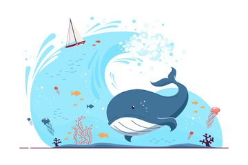 Cute whale swimming in clear water vector illustration. Sea or ocean wave with splashes and drops, boat sailing on surface. Nature, summer, vacation concept