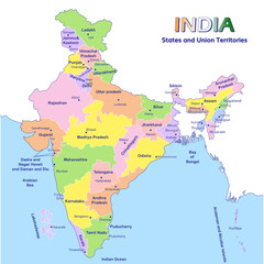 Detailed vector Illustration of New India map with all states and union territories boundaries