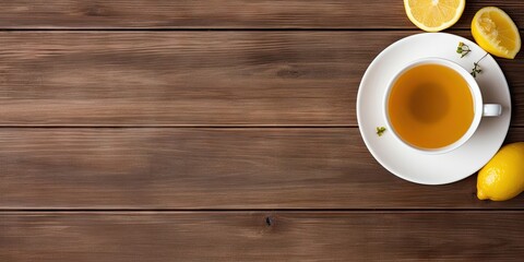 Refreshing and healthy summer drink. Iced tea with fresh lemon on wooden table, freshness and organic goodness in glass cup with copy space for your designs