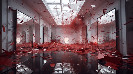 Perception Rivers: Shattered Mirrors, Intense White Lightings in a red Gigantic Room. Generative AI