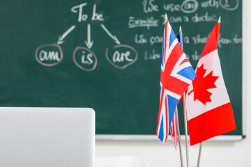 Different flags in English classroom, closeup