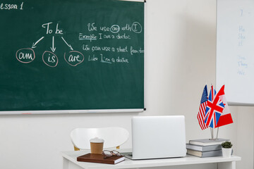 Different flags with books and laptop on table in English classroom