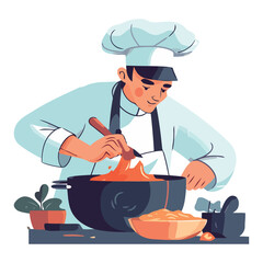 Smiling chef cooking gourmet meat on stove