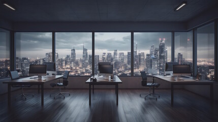 Productivity at Its Finest: A Sleek Office Space with Tidy Desks, High-End Technology, and a Breathtaking Cityscape View, Perfect for Boosting Efficiency and Inspiring Creativity. Generative AI