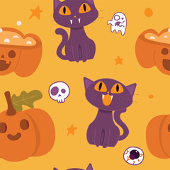 Seamless pattern cat and pumpkin for Autumn and Halloween.