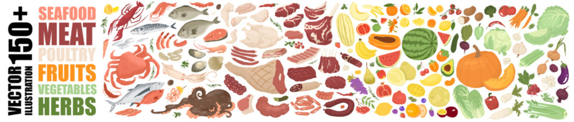 Big food set. Sea food, meat, fruits, herbs, vegetables, poultry. Isolated on white background vector objects for food markets, retail and farm businesses. The concept of environmentally friendly food