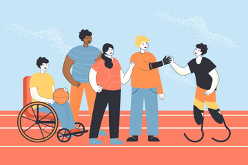 Diverse sportsmen exercising together vector illustration. Multiracial people with disabilities doing sports, running, playing basketball, supporting each other. Sport, inclusion, community concept