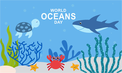 Naklejka na ściany i meble World ocean day cartoon illustration with underwater scenery dedicated 