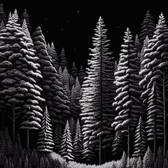 A spruce forest in white on a black screen. Generative AI