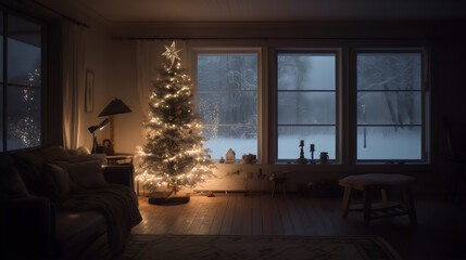 Winter Cozy Living Room: White Seats and Sofa with Round Light Brown Rugs, Glass Table, and Wooden Bookshelf Filled with Books, View of Snowy Landscapes Outside the Window. Generative AI