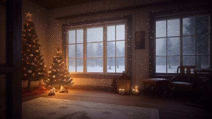 Winter Cozy Living Room: White Seats and Sofa with Round Light Brown Rugs, Glass Table, and Wooden Bookshelf Filled with Books, View of Snowy Landscapes Outside the Window. Generative AI